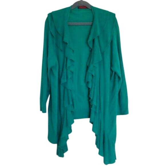 Red brand Ruffle layered Open Front Cardigan Sweater emerald green color size M - Picture 2 of 6